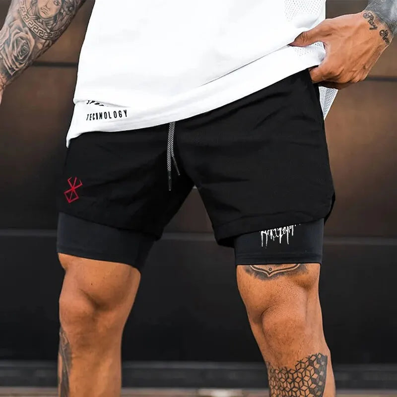 2024 New Men's Fitness Training Skinny Shorts Demon Print Summer 2 In 1 Quick Dry Gym Beach Jogging Shorts Outdoor Sportwear