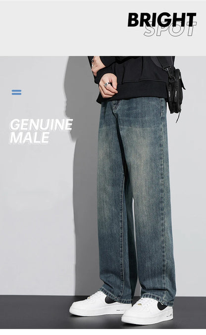 Fleece Baggy Straight Jeans Men Winter New Classic Vintage Blue Wide Leg Denim Pants Fashion Korean Thickened Warm Male Trousers