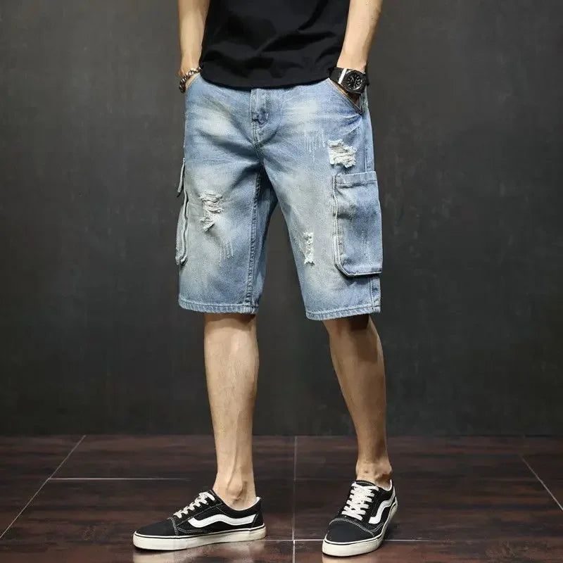 Male Denim Shorts with Pockets Men's Short Jeans Pants Knee Length Long Half Ripped Streetwear Blue Harajuku Jorts Trend 2024 Xl