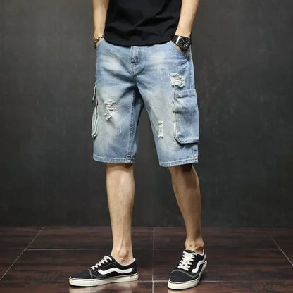 Male Denim Shorts with Pockets Men's Short Jeans Pants Knee Length Long Half Ripped Streetwear Blue Harajuku Jorts Trend 2024 Xl