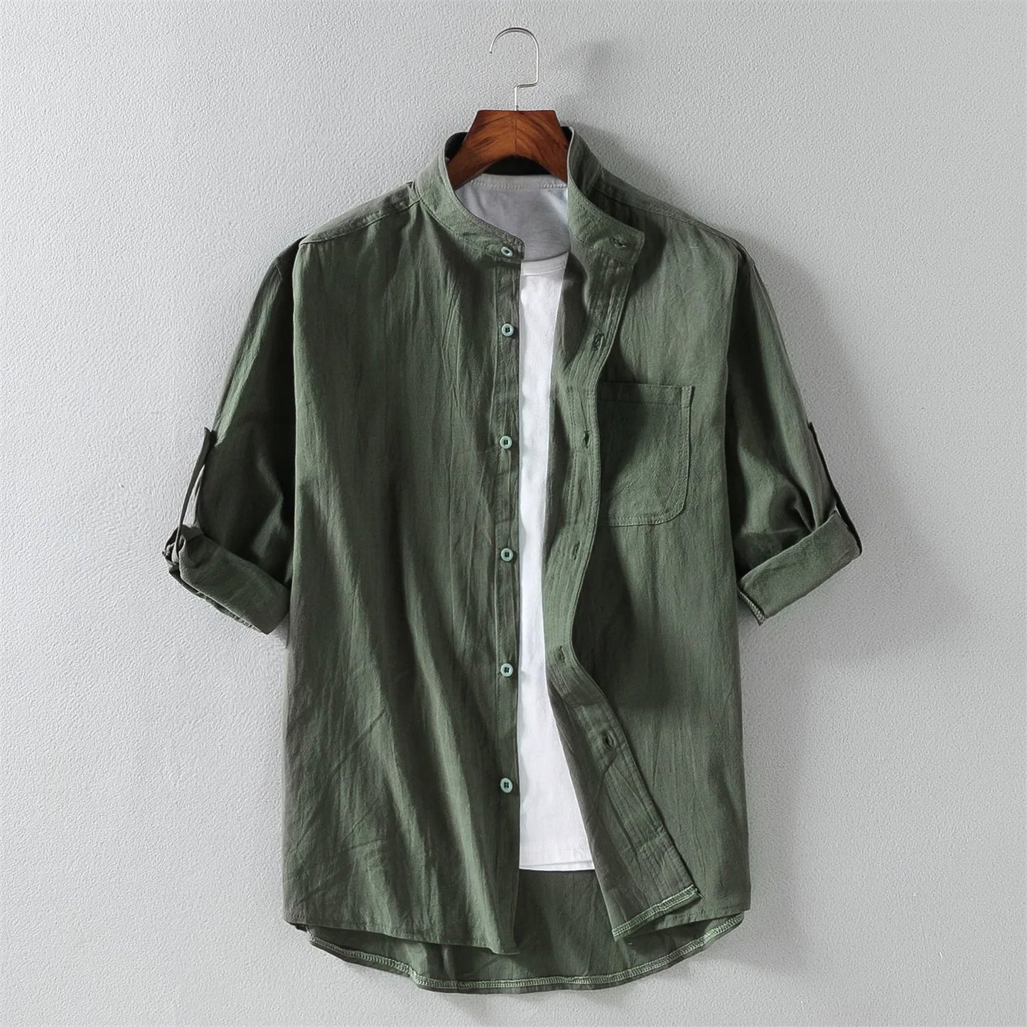 Camisa de manga corta de moda para hombre con cuello alto de cinco puntos y manga media de primavera y verano, manga de siete puntos, talla grande para hombre