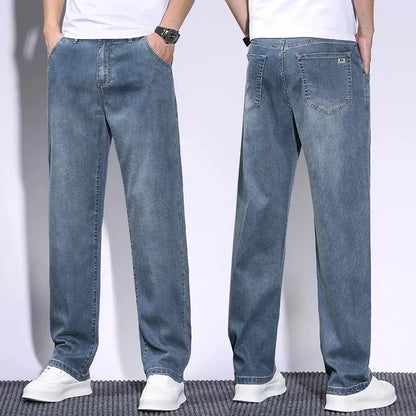 Pantalones vaqueros de verano para hombre, de tejido lyocell suave, finos, sueltos, rectos, con cordón y cintura elástica, informales, de Corea, talla grande 28-42