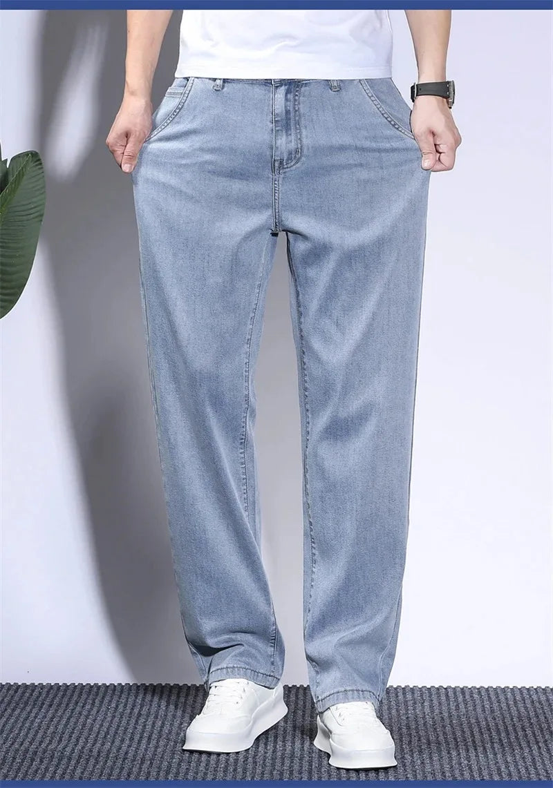 Pantalones vaqueros de verano para hombre, de tejido lyocell suave, finos, sueltos, rectos, con cordón y cintura elástica, informales, de Corea, talla grande 28-42