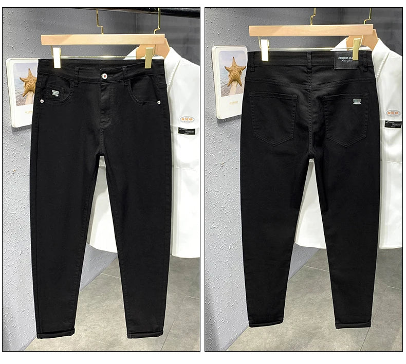 2023 Autumn New Men's White Black Jeans Straight Slim fit Casual Fashion Elastic Cotton Trousers Male Streetwear Denim Pants