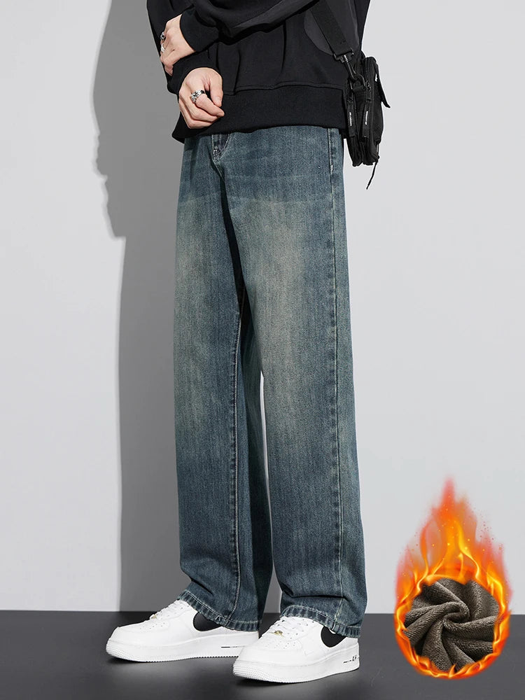 Fleece Baggy Straight Jeans Men Winter New Classic Vintage Blue Wide Leg Denim Pants Fashion Korean Thickened Warm Male Trousers