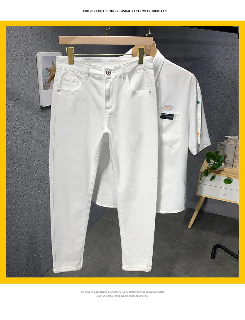 2023 Autumn New Men's White Black Jeans Straight Slim fit Casual Fashion Elastic Cotton Trousers Male Streetwear Denim Pants