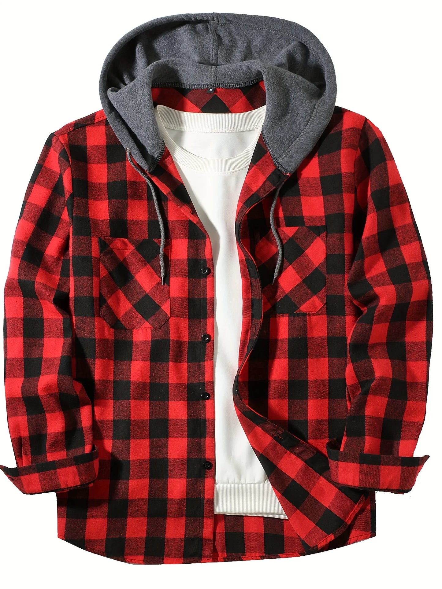 Men's Shirts Classic Plaid Casual Button Down Hooded Long Sleeved Double Pockets Shirt Hoodie Flannel Jacket Spring Autumn Tops