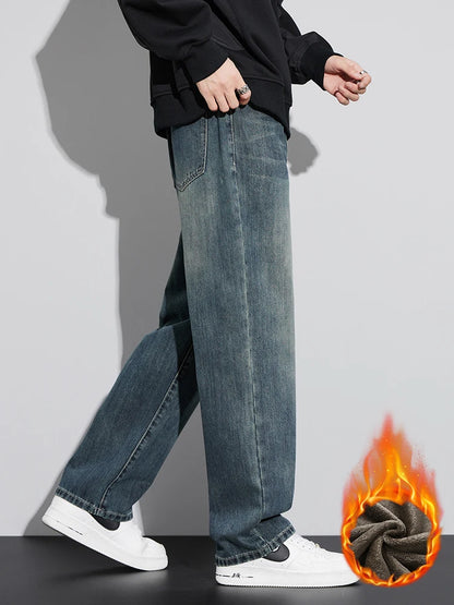 Fleece Baggy Straight Jeans Men Winter New Classic Vintage Blue Wide Leg Denim Pants Fashion Korean Thickened Warm Male Trousers