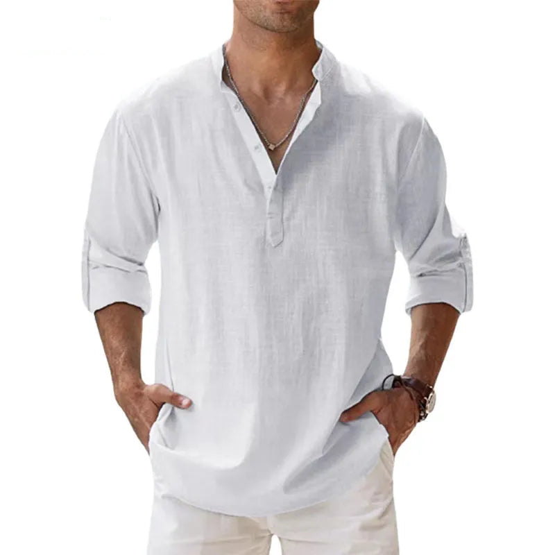 Nuevas camisas de lino y algodón para hombres, camisas casuales, camisas de playa Henley de manga larga livianas, camisetas hawaianas para hombres