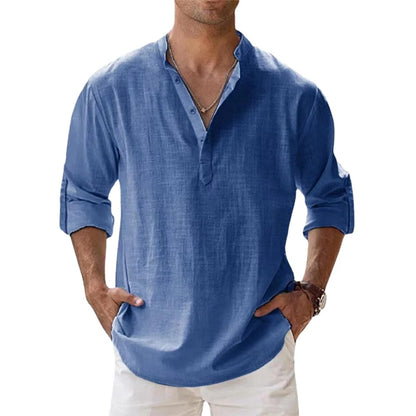 Nuevas camisas de lino y algodón para hombres, camisas casuales, camisas de playa Henley de manga larga livianas, camisetas hawaianas para hombres