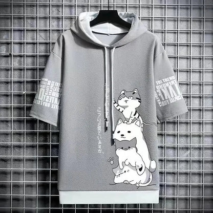 Japan Fashion Men's Hoodies Summer Men Clothing Cartoon Casual Harajuku Streetwear Print Hooded Top Short Sleeve Sweatshirts Men