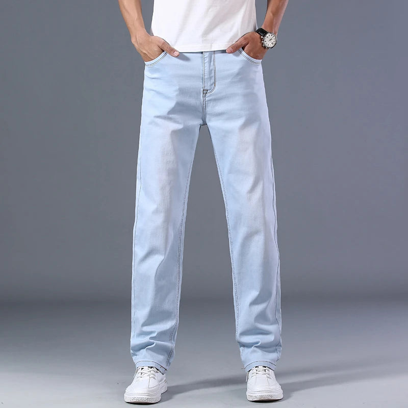 SHAN BAO cotton stretch men's straight loose loose summer thin jeans 2022 spring classic brand casual lightweight jeans blue