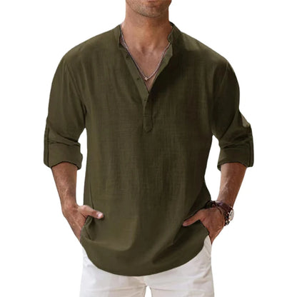 Nuevas camisas de lino y algodón para hombres, camisas casuales, camisas de playa Henley de manga larga livianas, camisetas hawaianas para hombres