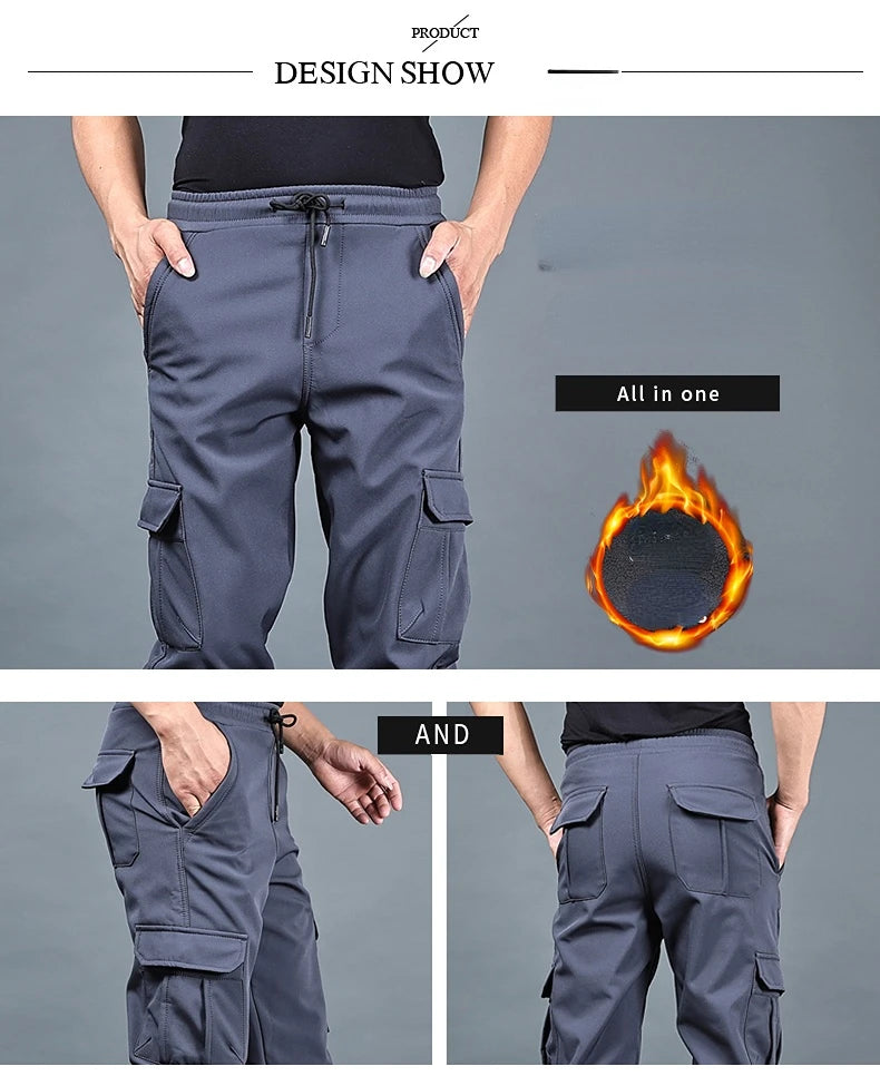 Pantalones de invierno para hombre, de forro polar grueso, para correr, con múltiples bolsillos, holgados, informales, cálidos, cargo, tallas M a 6XL