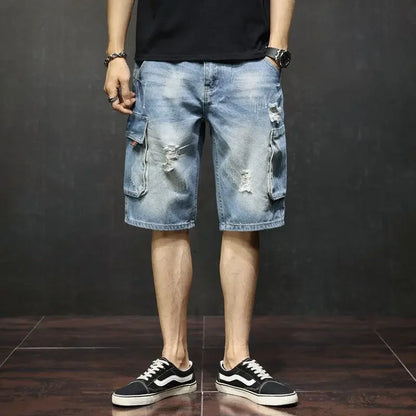 Male Denim Shorts with Pockets Men's Short Jeans Pants Knee Length Long Half Ripped Streetwear Blue Harajuku Jorts Trend 2024 Xl