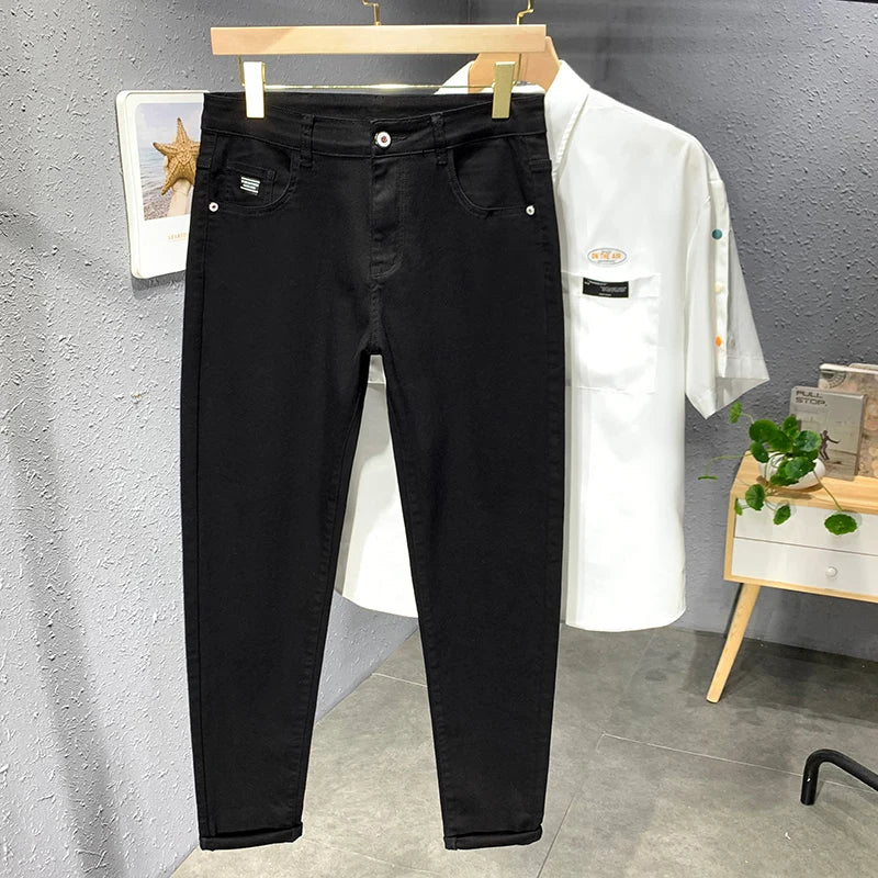 2023 Autumn New Men's White Black Jeans Straight Slim fit Casual Fashion Elastic Cotton Trousers Male Streetwear Denim Pants