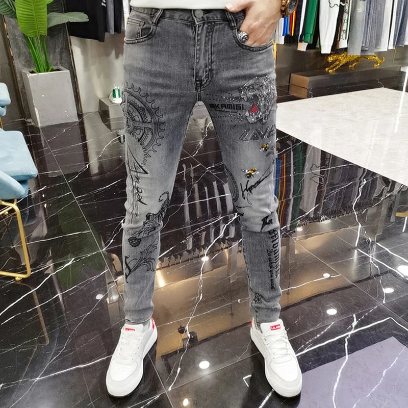 Fashion Korean Style Gray Skinny Jeans Tiger Printing Luxury Men's Streetwear Slim Jeans Autumn Casual Wear Motorcycle Men Jeans