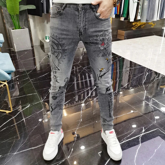 Fashion Korean Style Gray Skinny Jeans Tiger Printing Luxury Men's Streetwear Slim Jeans Autumn Casual Wear Motorcycle Men Jeans