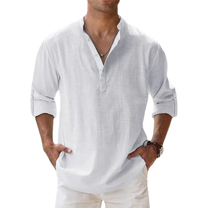 Nuevas camisas de lino y algodón para hombres, camisas casuales, camisas de playa Henley de manga larga livianas, camisetas hawaianas para hombres