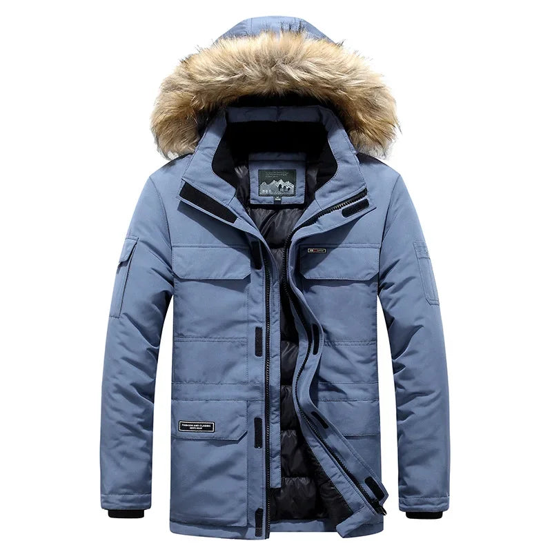 Chaqueta de invierno con plumón de pato blanco y cuello de piel abrigada para hombre, parka de 30 grados con capucha resistente al viento y múltiples bolsillos