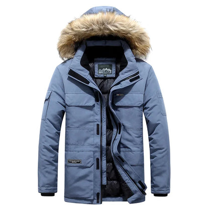 Male Keep Warm Fur Collar White Duck Down Winter Jacket -30 Degree Parkas Men Windproof Hooded Thicken Multi-pocket Down Coat