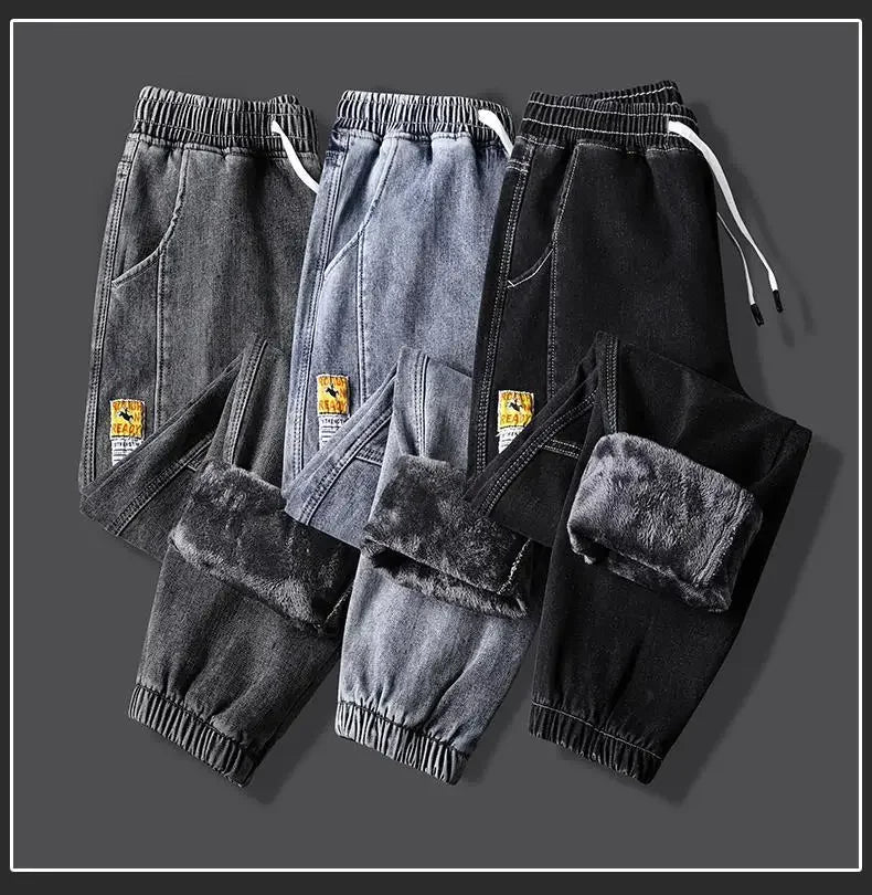 New Men's jeans Winter Fleece Jeans Thick Warm Denim Pants Men Streetwear Black Joggers Harem Jean Thermal Trousers pants men