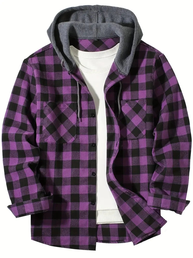 Men's Shirts Classic Plaid Casual Button Down Hooded Long Sleeved Double Pockets Shirt Hoodie Flannel Jacket Spring Autumn Tops