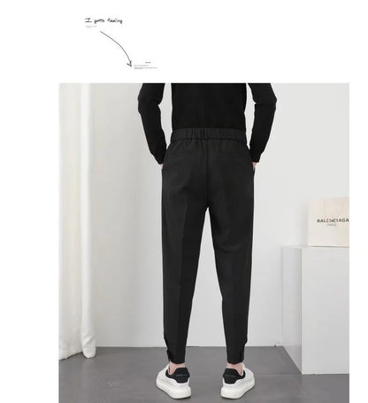 Fashion Men Pants Elastic Waist Small Feet Slim Korean Formal Pleated Tapered Male Blazer Suit Classic Pants Streetwear Trousers