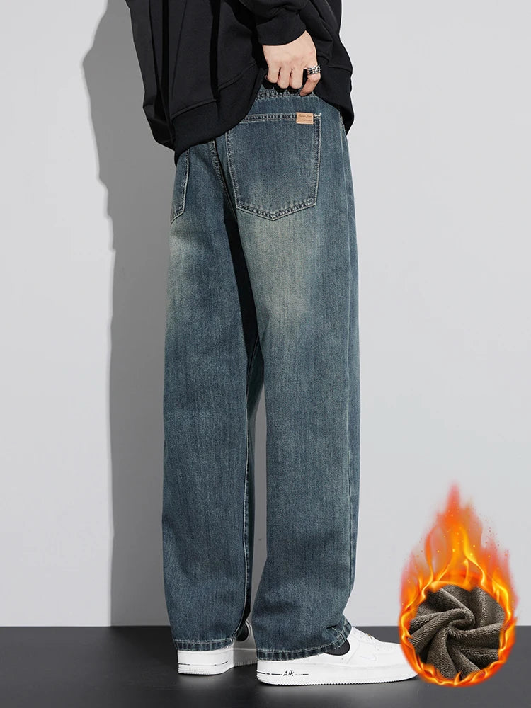 Fleece Baggy Straight Jeans Men Winter New Classic Vintage Blue Wide Leg Denim Pants Fashion Korean Thickened Warm Male Trousers