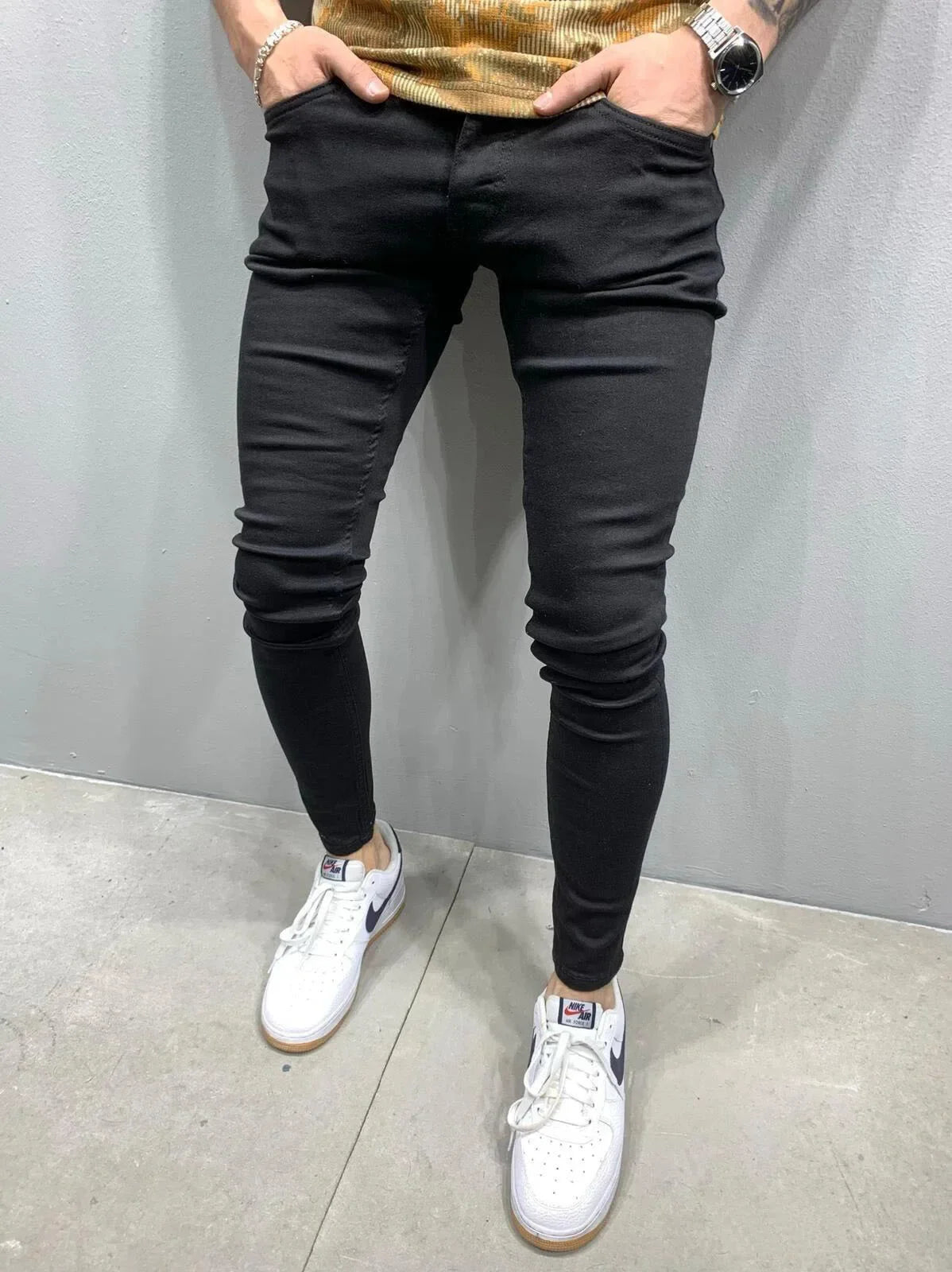 Pantalones vaqueros ajustados punk para hombre, pantalones vaqueros ajustados, pantalones vaqueros ajustados tipo lápiz, pantalones de talla grande para hombre, pantalones vaqueros ajustados con agujeros rasgados y parches, ropa de calle