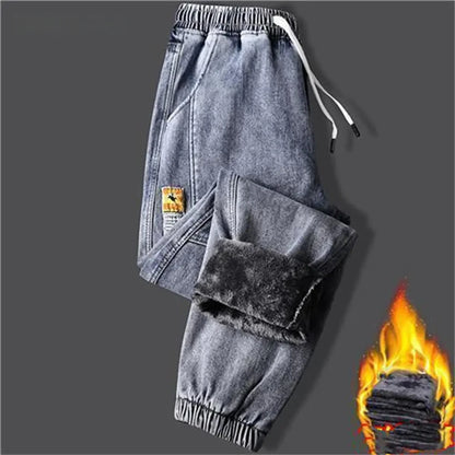 New Men's jeans Winter Fleece Jeans Thick Warm Denim Pants Men Streetwear Black Joggers Harem Jean Thermal Trousers pants men