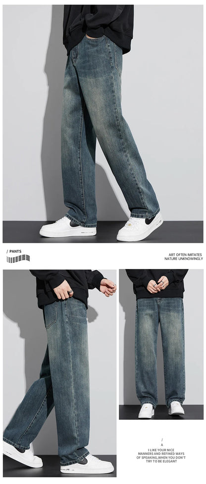 Fleece Baggy Straight Jeans Men Winter New Classic Vintage Blue Wide Leg Denim Pants Fashion Korean Thickened Warm Male Trousers