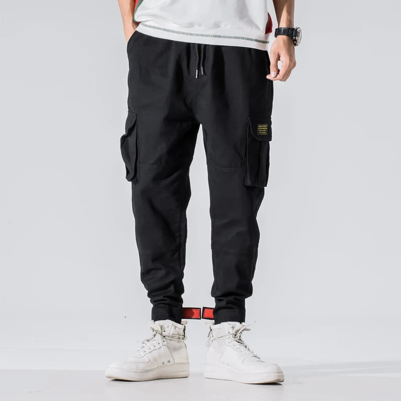 Cotton Men Multi-pocket Elastic Waist Design Harem Pant Street Punk Hip Hop Red Casual Trousers Joggers Male Army Cargo Pants