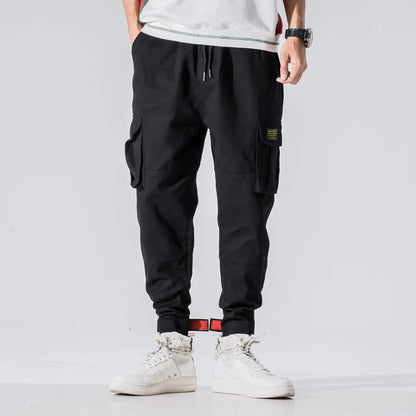 Cotton Men Multi-pocket Elastic Waist Design Harem Pant Street Punk Hip Hop Red Casual Trousers Joggers Male Army Cargo Pants