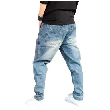 American Street Style Denim Harem Pants for Men, Retro and Trendy, All-match, Casual, Loose, Large Size, Tapered Hip-hop Pants.