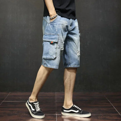 Male Denim Shorts with Pockets Men's Short Jeans Pants Knee Length Long Half Ripped Streetwear Blue Harajuku Jorts Trend 2024 Xl