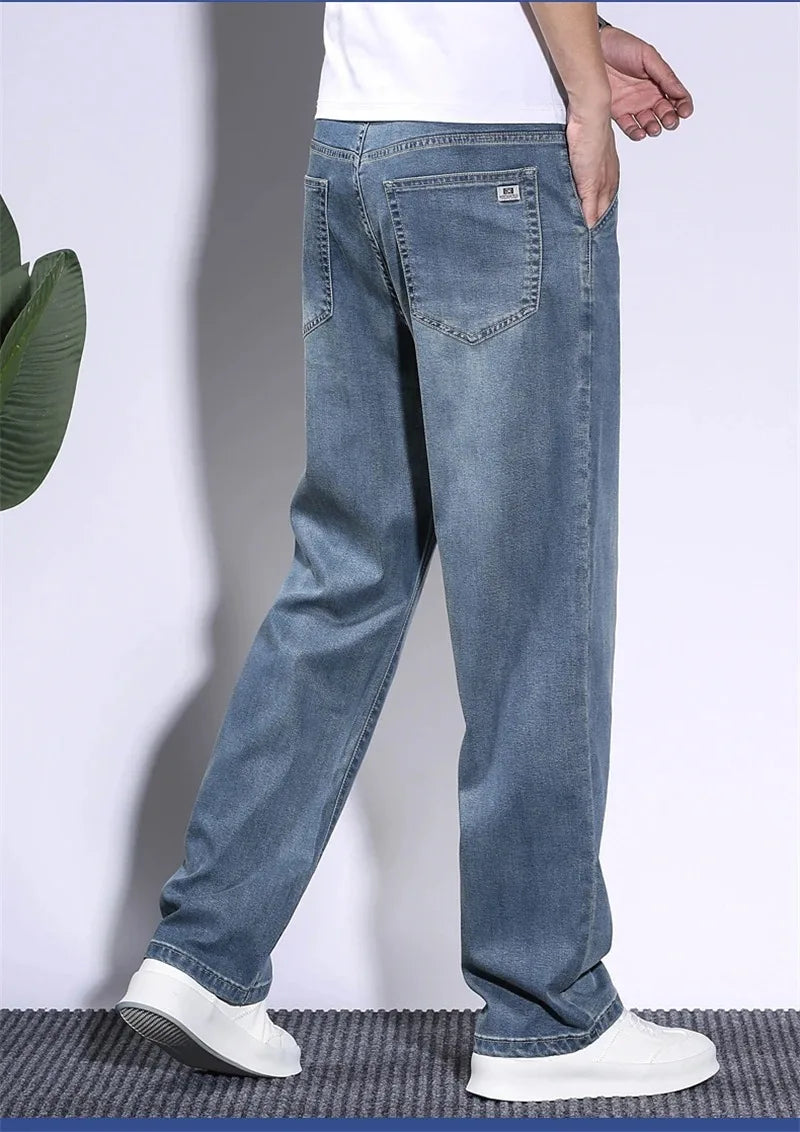 Pantalones vaqueros de verano para hombre, de tejido lyocell suave, finos, sueltos, rectos, con cordón y cintura elástica, informales, de Corea, talla grande 28-42