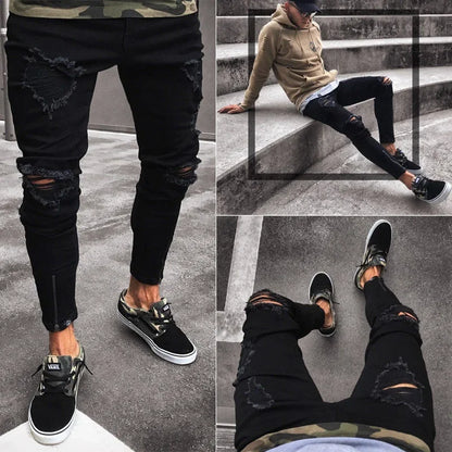 Mens Jeans New Black Ripped Stretch Zipper Trend Trousers for Men