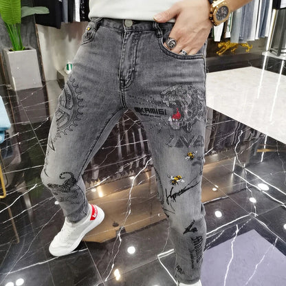 Fashion Korean Style Gray Skinny Jeans Tiger Printing Luxury Men's Streetwear Slim Jeans Autumn Casual Wear Motorcycle Men Jeans