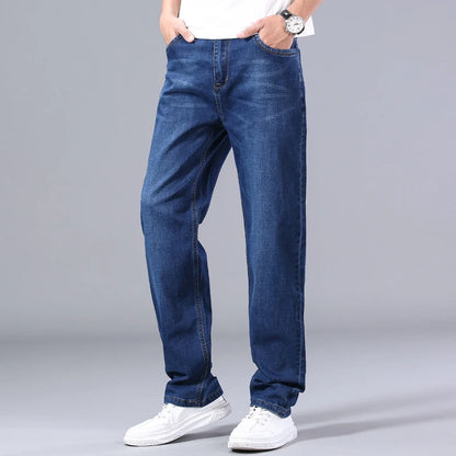 SHAN BAO pantalones vaqueros rectos sueltos de algodón elástico para hombre, pantalones vaqueros delgados de verano 2022, pantalones vaqueros casuales ligeros de marca clásica de primavera azul