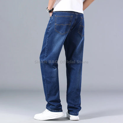 SHAN BAO cotton stretch men's straight loose loose summer thin jeans 2022 spring classic brand casual lightweight jeans blue