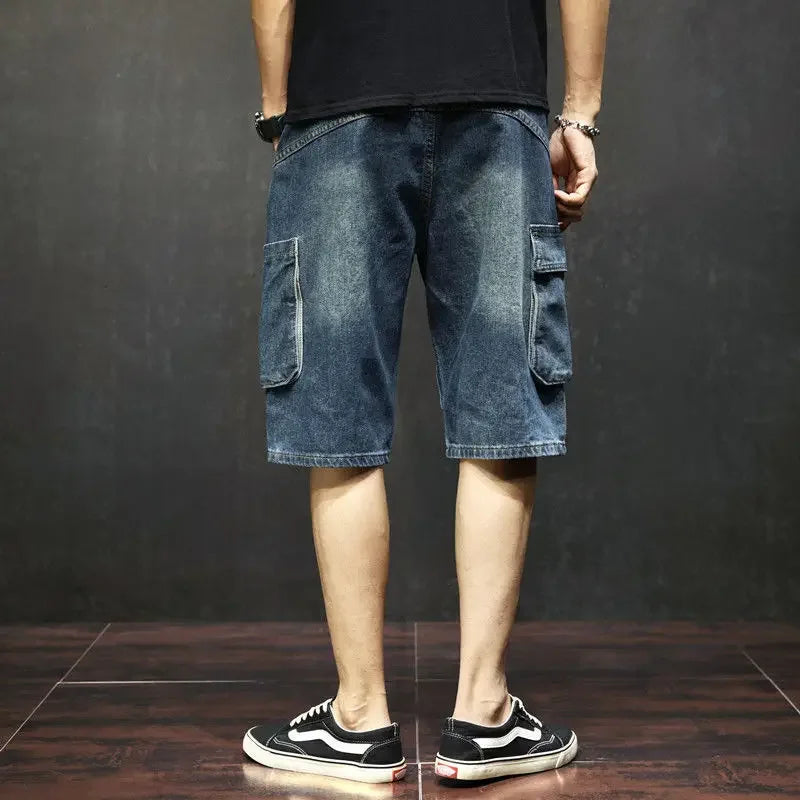 Male Denim Shorts with Pockets Men's Short Jeans Pants Knee Length Long Half Ripped Streetwear Blue Harajuku Jorts Trend 2024 Xl