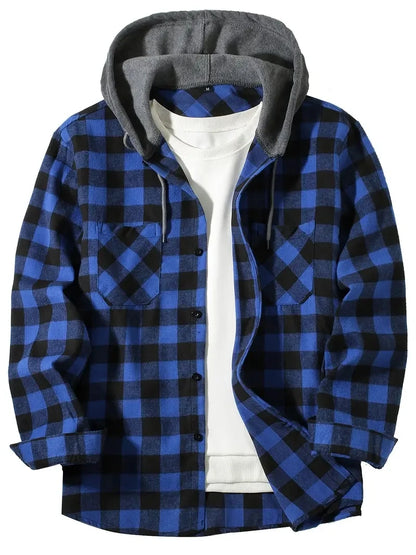 Men's Shirts Classic Plaid Casual Button Down Hooded Long Sleeved Double Pockets Shirt Hoodie Flannel Jacket Spring Autumn Tops