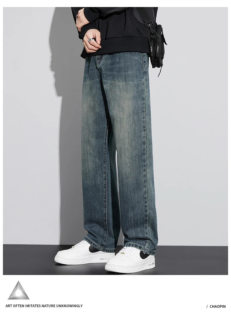 Fleece Baggy Straight Jeans Men Winter New Classic Vintage Blue Wide Leg Denim Pants Fashion Korean Thickened Warm Male Trousers