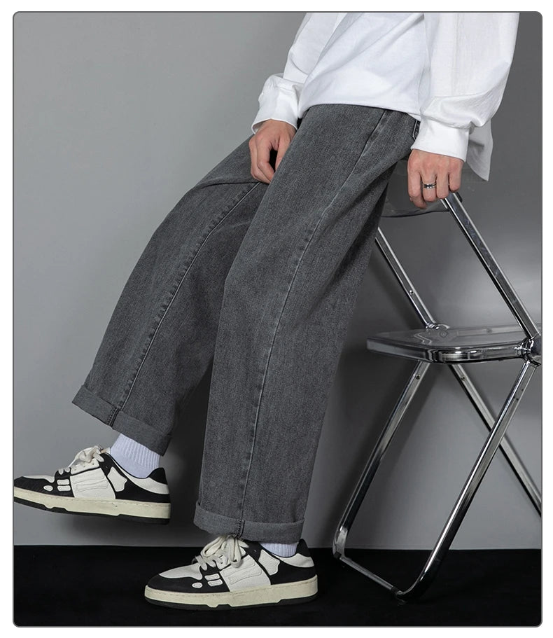 2025 New Korean Men's Casual Long Jeans Classic Man Straight Denim Wide-leg Pants Solid Color Light Blue Grey Black 3XL