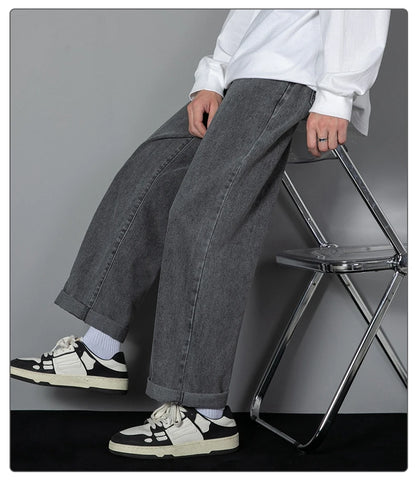 2025 nuevos pantalones vaqueros largos casuales para hombre coreanos, pantalones vaqueros clásicos rectos de pierna ancha para hombre, color sólido, azul claro, gris, negro, 3XL