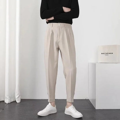 Fashion Men Pants Elastic Waist Small Feet Slim Korean Formal Pleated Tapered Male Blazer Suit Classic Pants Streetwear Trousers