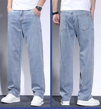 Summer Soft Lyocell Fabric Men's Jeans Thin Loose Straight Pants Drawstring Elastic Waist Korea Casual Trousers Plus Size 28-42