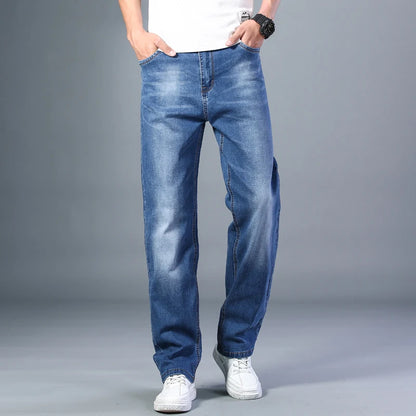 SHAN BAO cotton stretch men's straight loose loose summer thin jeans 2022 spring classic brand casual lightweight jeans blue