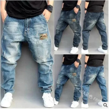 American Street Style Denim Harem Pants for Men, Retro and Trendy, All-match, Casual, Loose, Large Size, Tapered Hip-hop Pants.